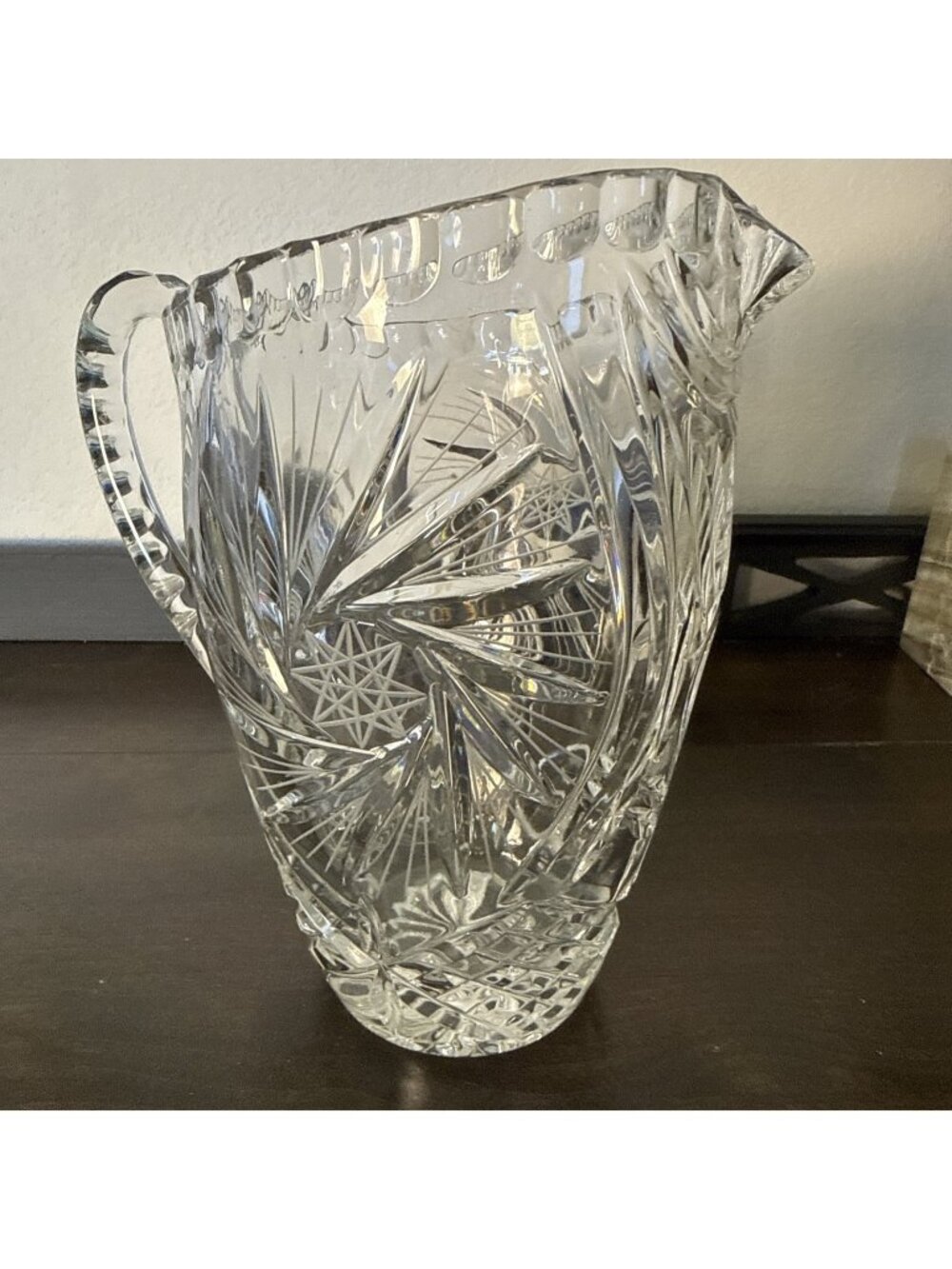 Vintage Cut Crystal Pitcher Hobstar Fan Pattern 7.25” Heavy Lead Crystal